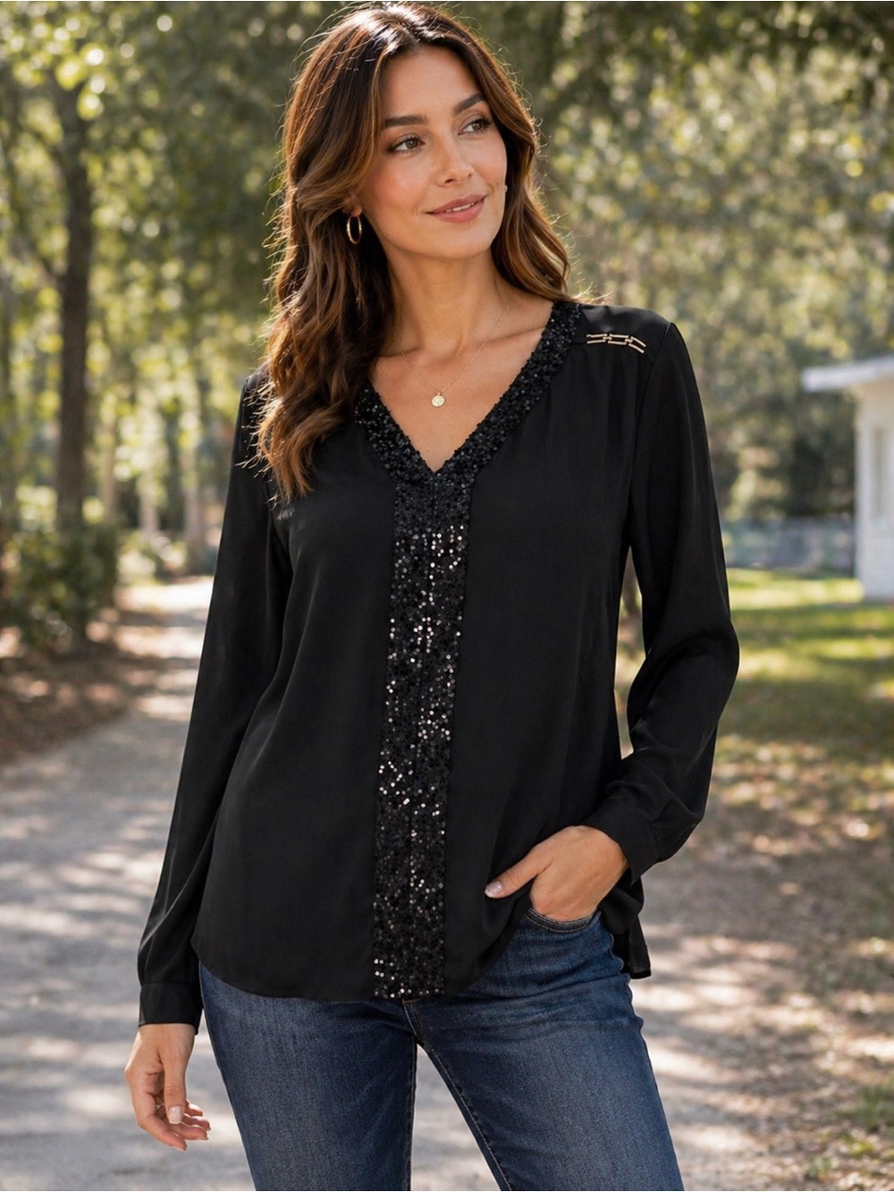 Valerie Stevens Black Sequin Blouse V-Neck Long Sleeve Top